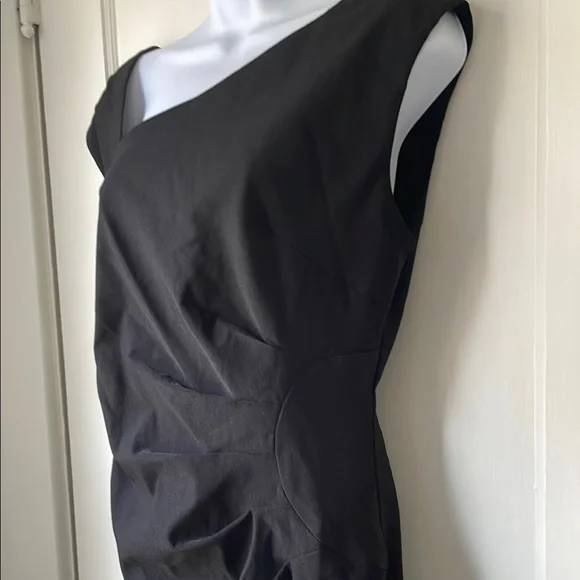 Elegant Curve Hugging Black Midi Dress Ruched Side with Asymmetrical Neckline - Picture 3 of 4